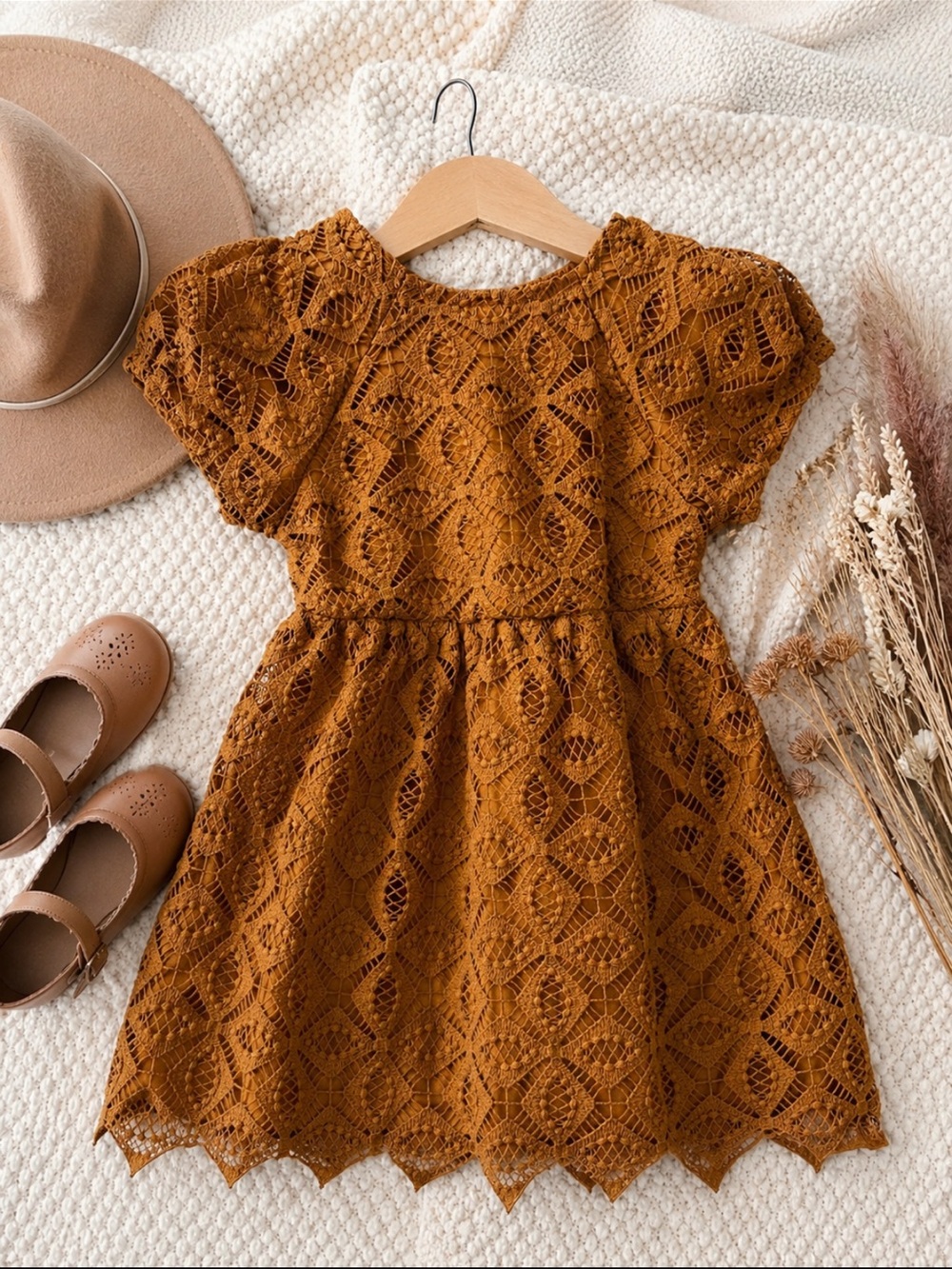Zara Girls Size 6 Mustard/Camel Crochet Lace Open Back Dress Boho Cottagecore